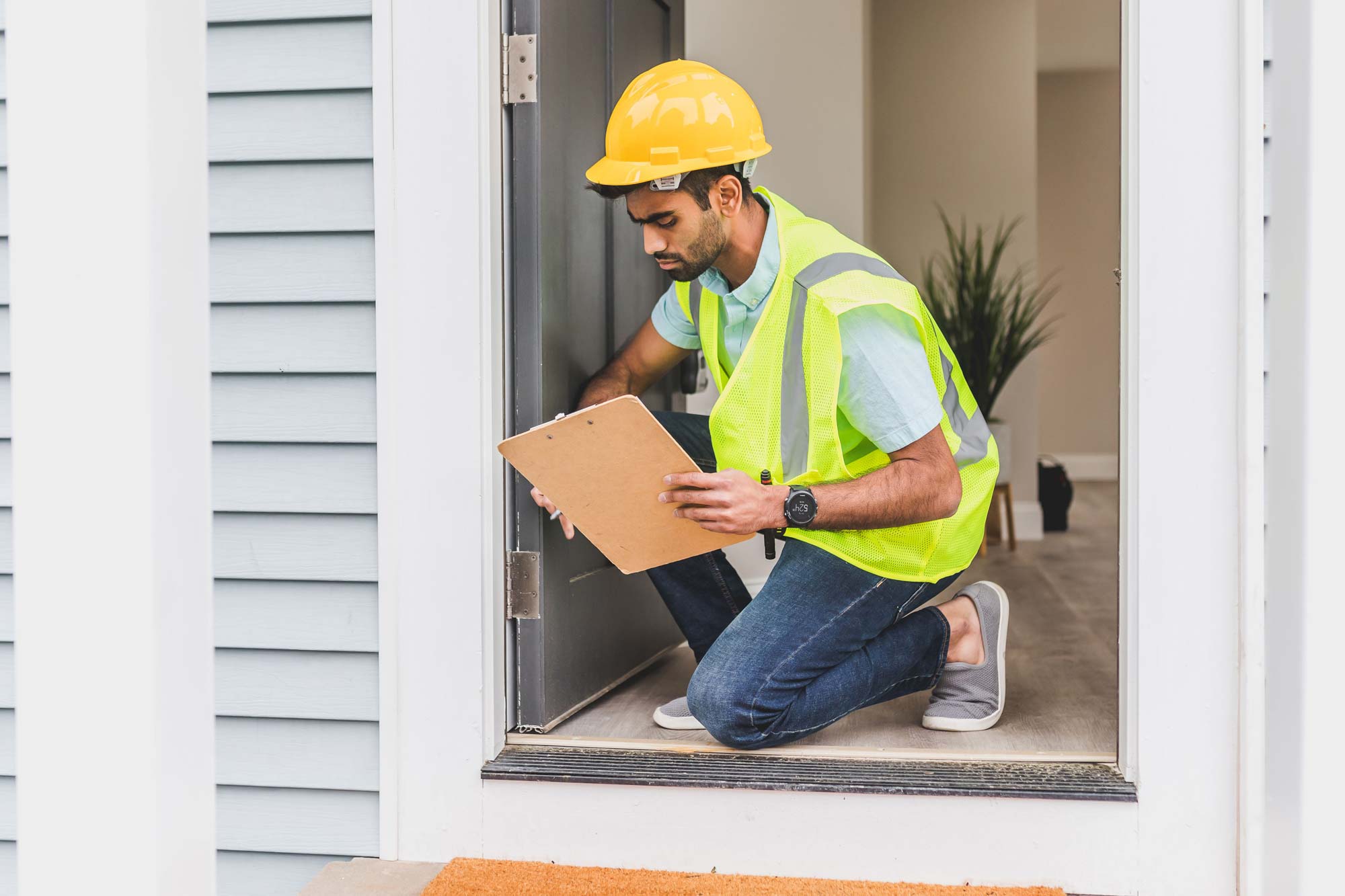 A person reviews survey documents while inspecting a home.